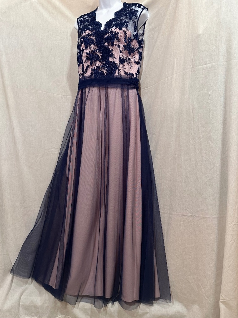 Women maxi dress; size 40; pink with navy lace and sheer bottom layer
